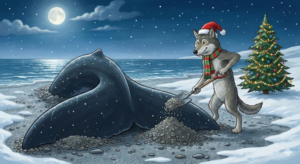 Un loup avec un bonnet de pere noël recouvre avec des gravier une balaine sur plage. Scène éclairée par une pleine lune il y a un sapin de noel décoré