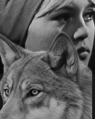 tete de louve en premier plan et photo de brigitte bardot en arriere plan en noir et blanc