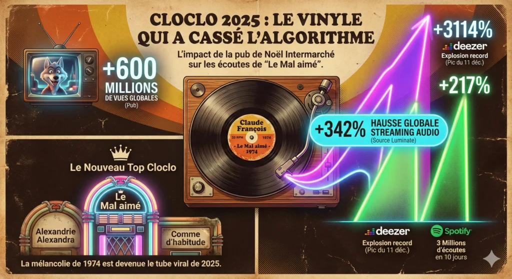 Infographie montrant un pickup avec un 45 tours de Claude François en style vintage au centre. Un juckbox annonce Le mal aimé en couleur néon. une vielle TV visione la pub intermerché avec 600 millions de vues. du bras de lecture du 45 tours sortent des néons colorés pour indiquer les évolutions de diffusion audio