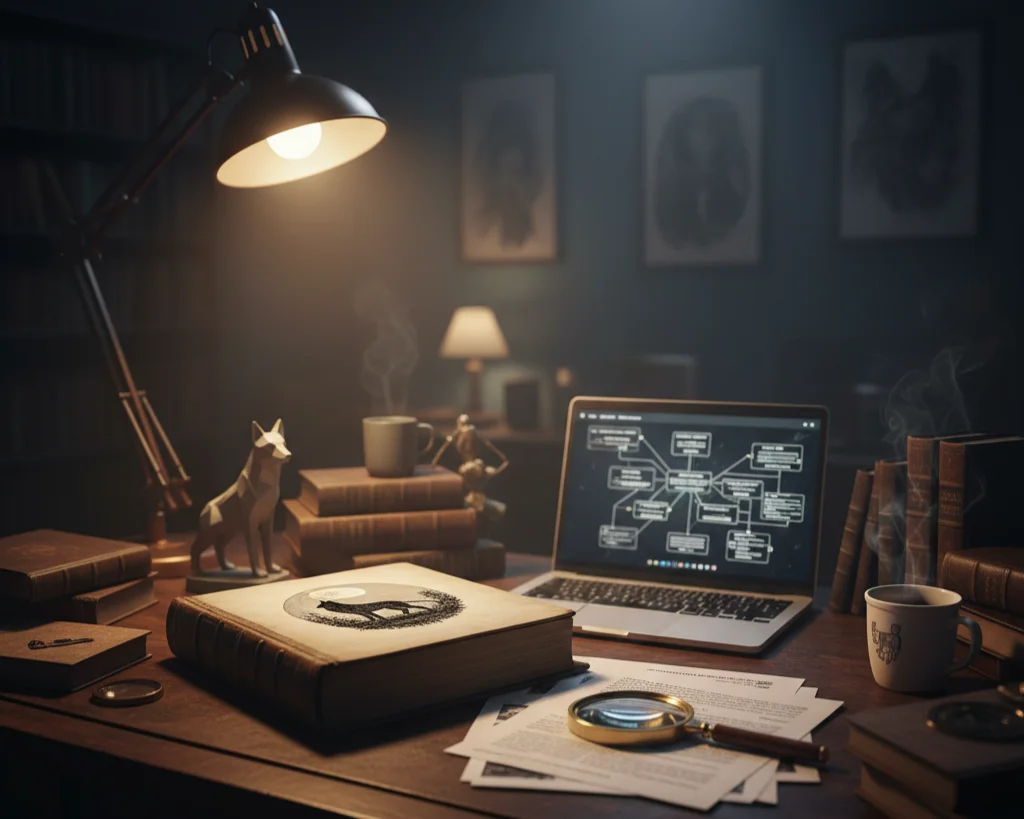 Bureau avec lampe ancienne donnant une ambiance feutrée inspirant l'esprit d'investigation. loupe sur la table, figurine et livres sur les loups, ordinateur portable allumé avec des logigrammes.