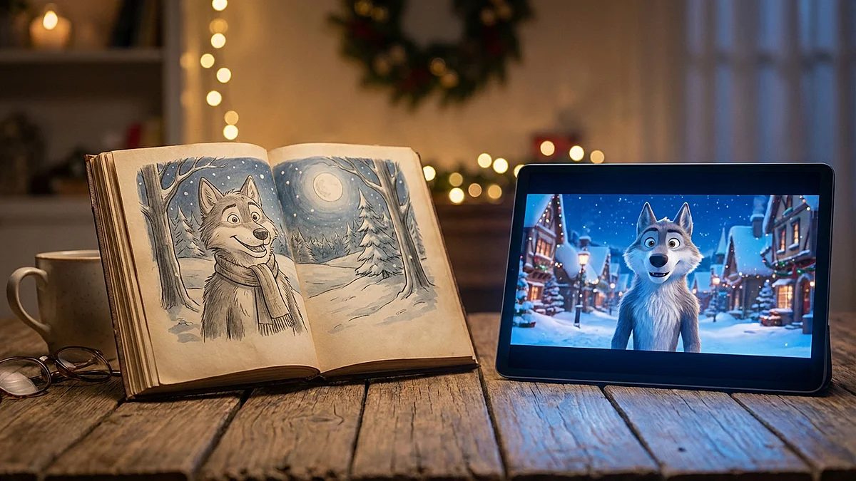 Un livre pour enfants représentant un loup est posé sur une table en bois avec une ambiance de Noël. À côté, une tablette numérique avec le loup très ressemblant en version 3D . L'illustration montre la ressemblance entre les 2 œuvres.