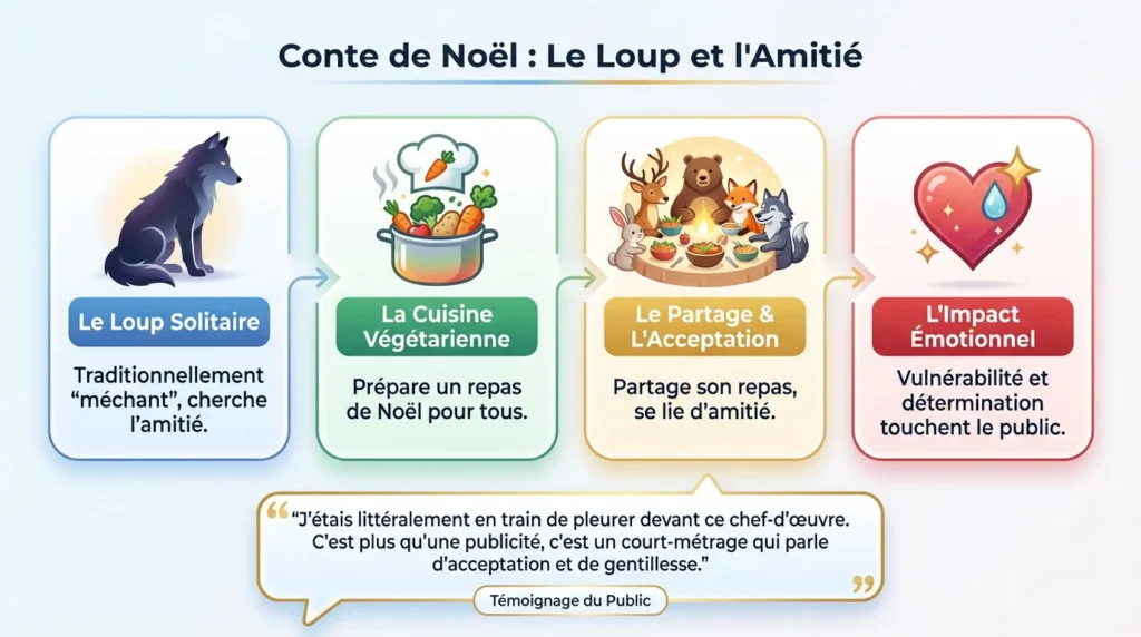 Infographie qui présente l'évolution du loup dans la publicité, le mal aimé, part du loup solitaire, puis devient végétarien, participe enfin au repas avec les autres animaux pour finir en impact positif émotionnel.