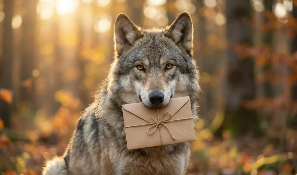 un tres beau loup aux yeux doux porte dans sa gueule une lettre entourée de ficelle. c'est la newsletter