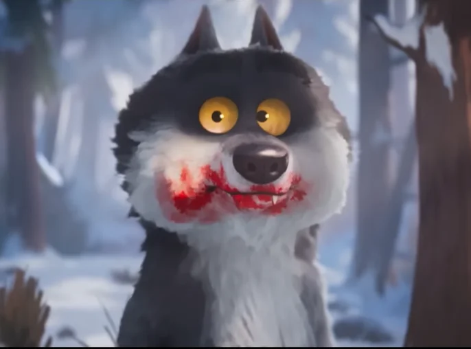 le Loup d'Intermarché avec du rouge autour de la bouche qui laisse croire a du sang