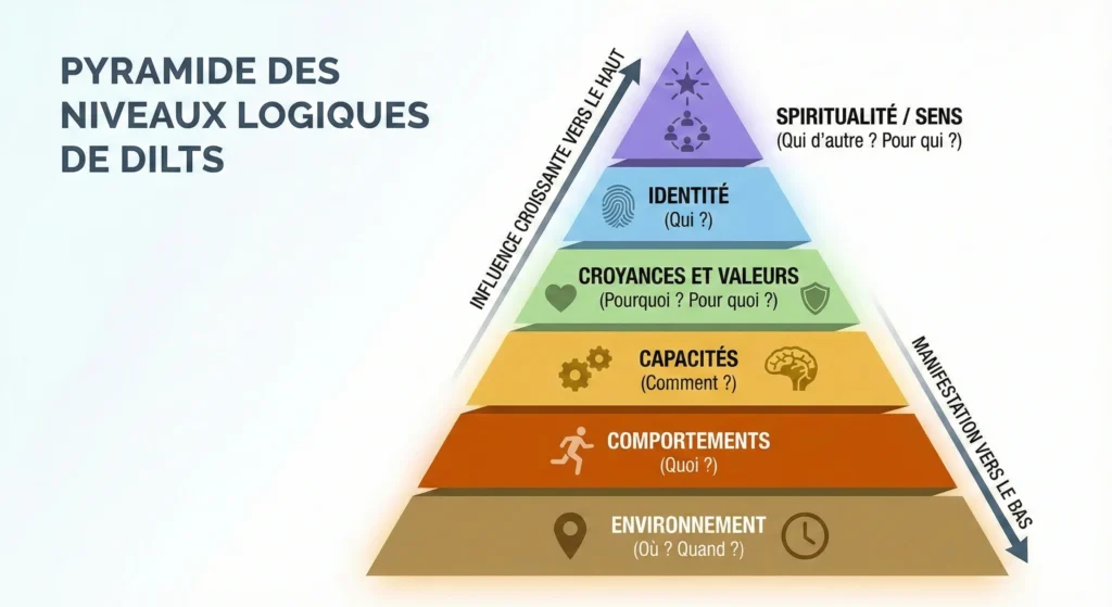 infographie montrant la pyramide de Dilts des 6 niveaux logiques de l'environnement à sens