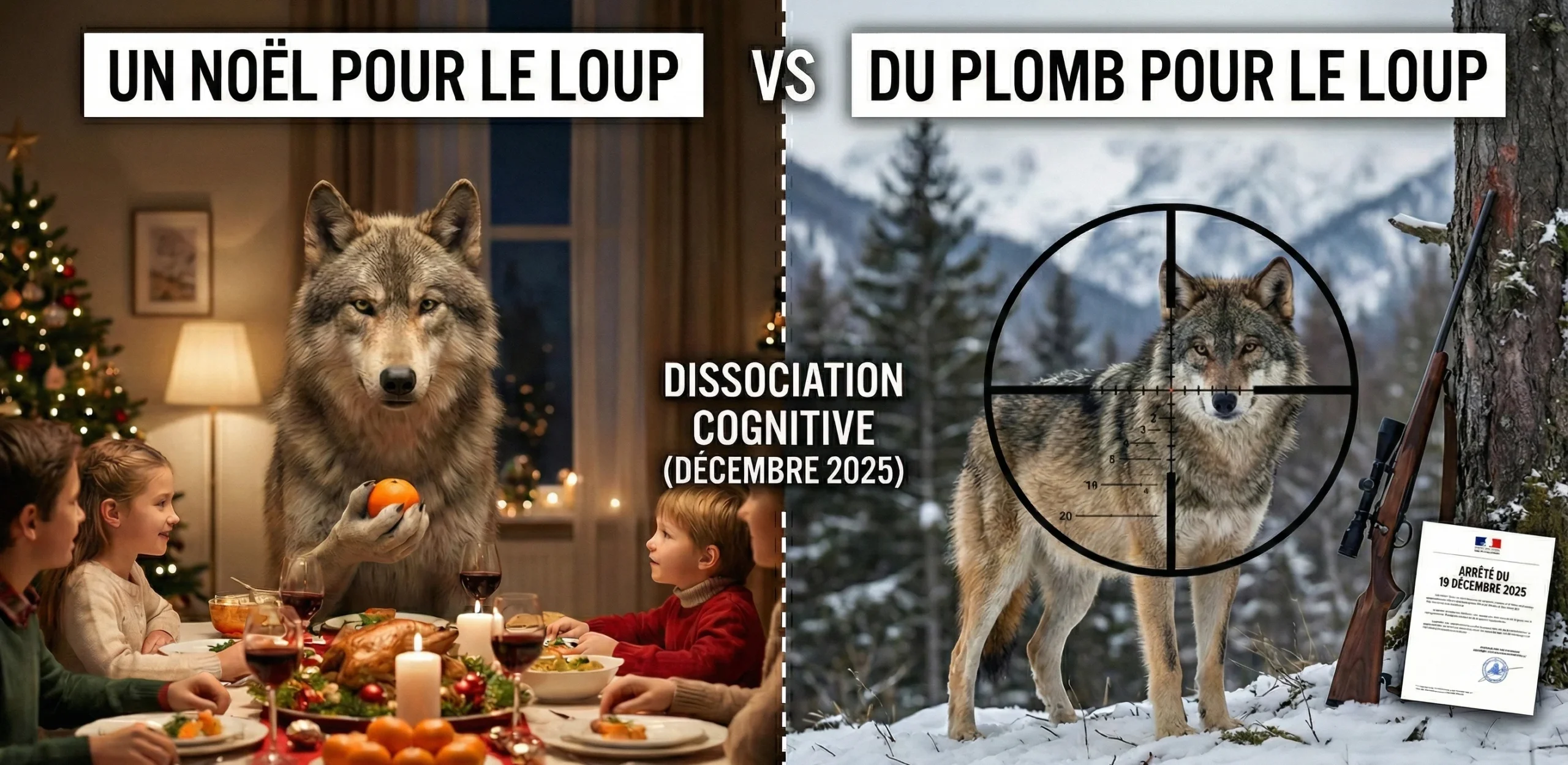 du plomb pour le loup, 2 photos cote a cote montrant un loup végétatien autour d'une table à noel avec des enfants l'autre un loup en pleine nature avec une cile de fusil et le décret de 2025 a coté