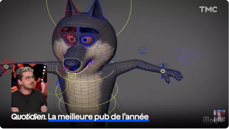 image montrant la création du model 3D du loup de la publicité intermarché.