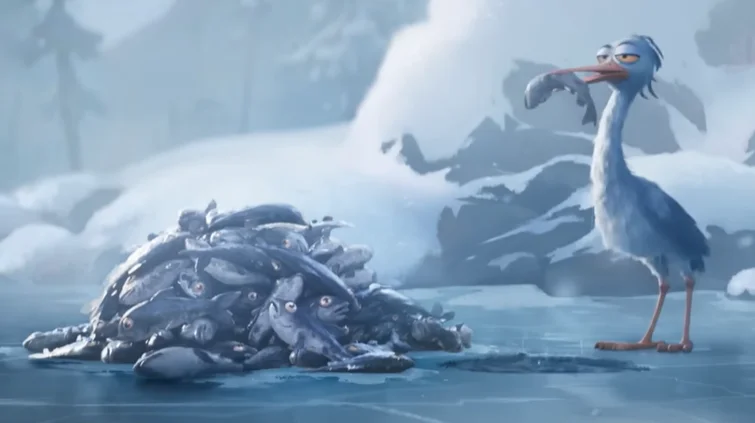 un héron pêche dans un trou fait dans la glace, il tient un poisson dans son bec et a côté il y a un tas de poissons qui reflète sa prise importante