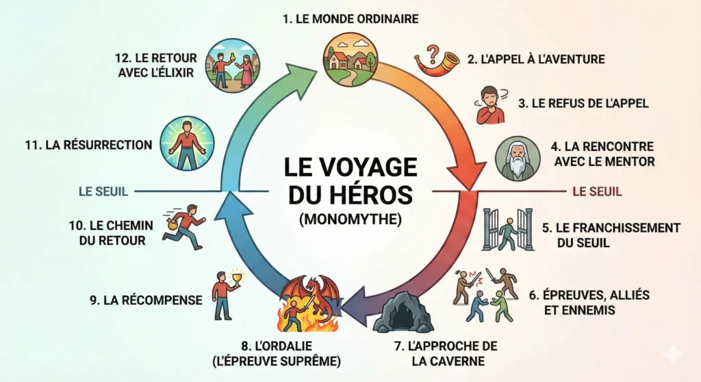 infographie montrant le cycle du voyage du hero en 12 étapes