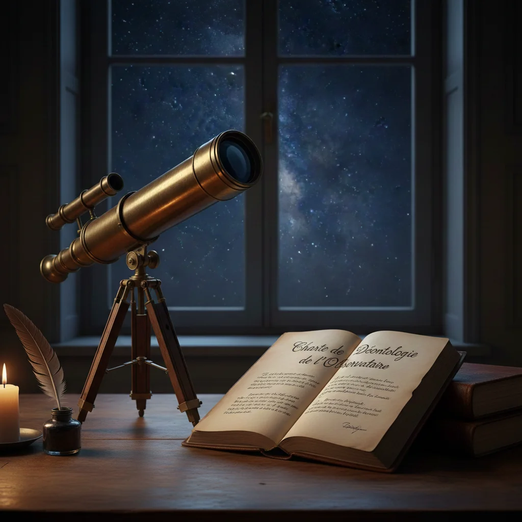 le manifeste de l'Observatoire est la charte déontologique, présentée sur un bureau avec un livre ancien ouvert, une bougie, un ancier, un telescope, et une fenetre avec une nuit étoilée
