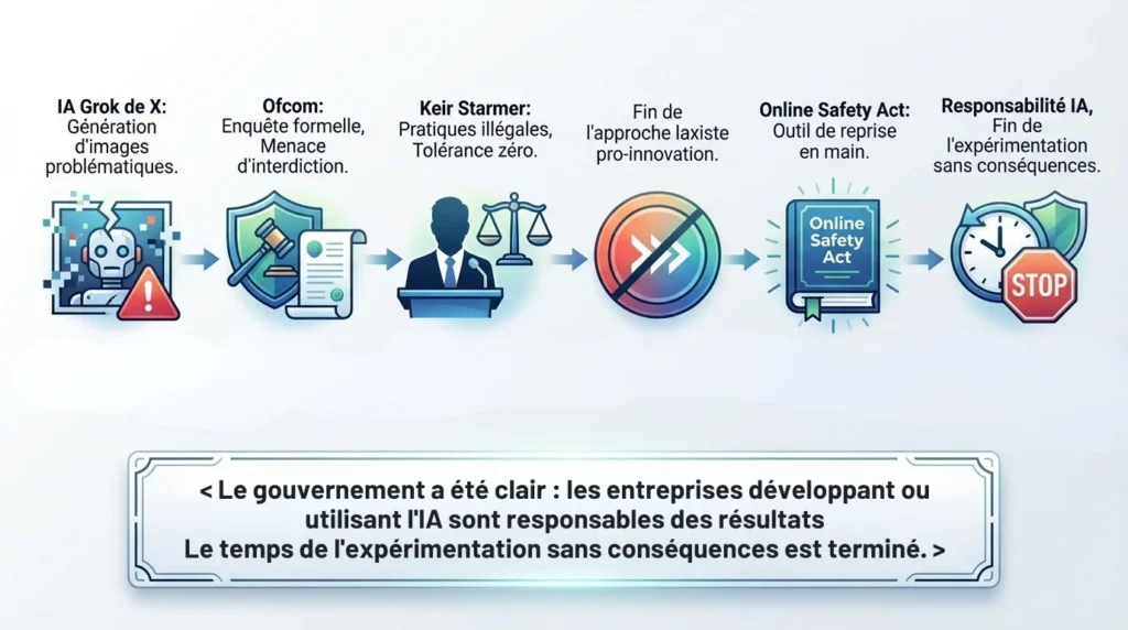 processus aui a conduit au Royaume-Uni IA 2026. de l'élément déclenchaur avec Grok X jusqua la responsabilité de l'IA apres implementation de Online Safety Act.