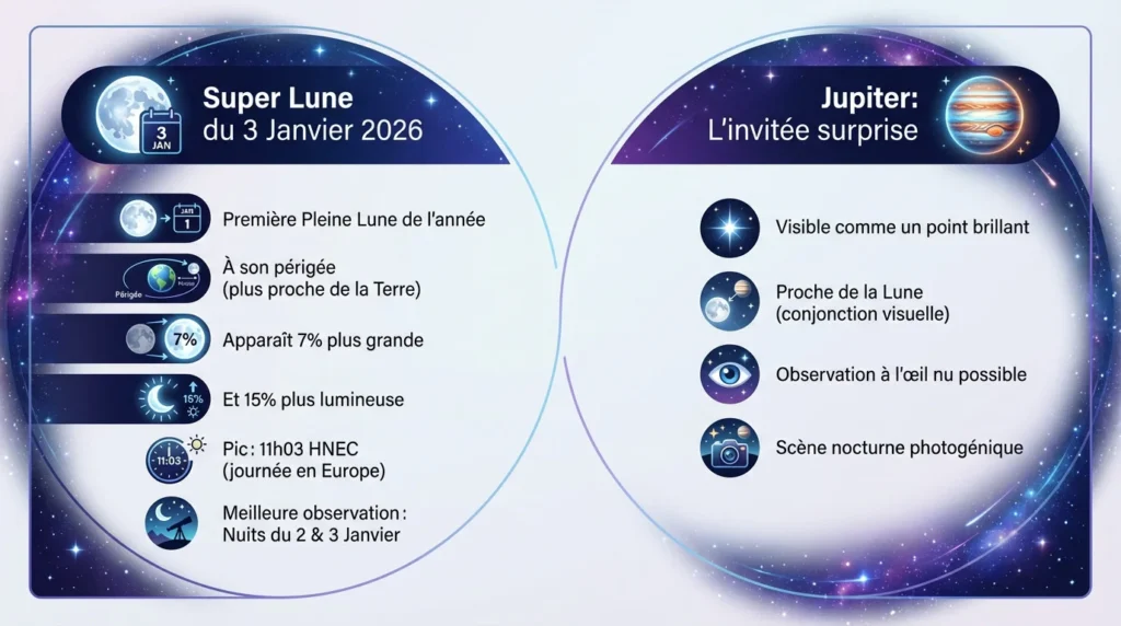 lune du loup 2026 : infographie avec 2 tableaux 1 colonne pour la superlune 2026 et Jupiter avec les caractéristiques des 2 observations