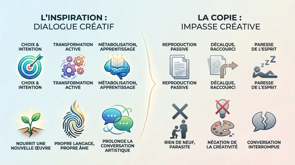 infographie de l'intégrité créative versus la copie. présente d'un coté l'inspiration et le dialogue créatif de l'autre la copie, le plagiat