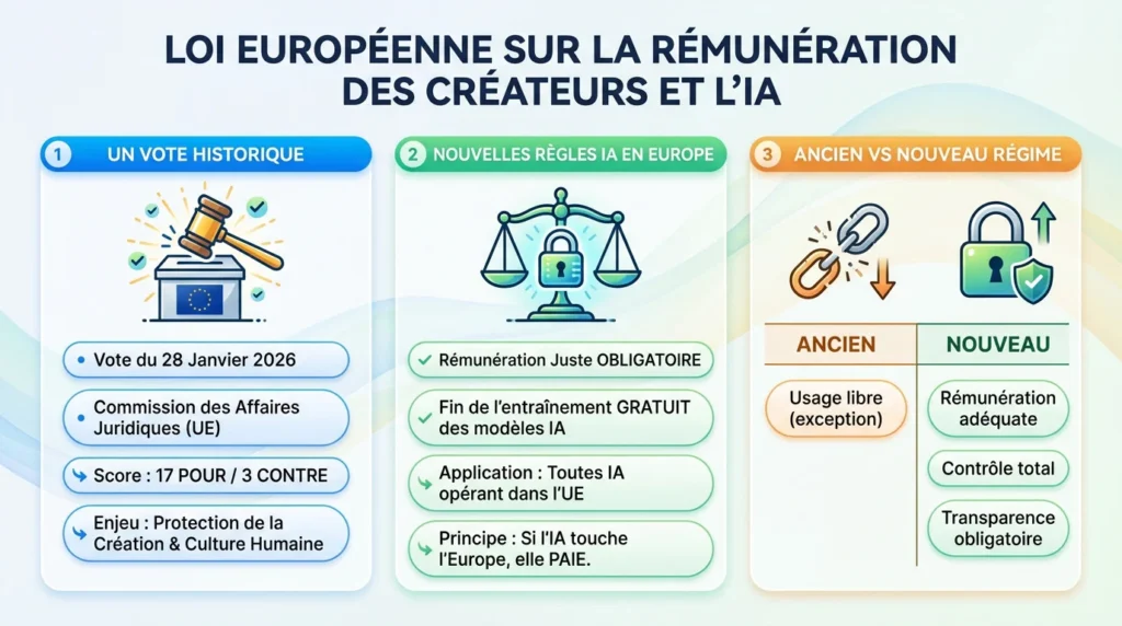 infographie montrant le principe de la loi Rémunération créateurs IA. avec a gauche le vote en janvier 2026, au centren les nouvelles regles IA en europe, et a gauche un comparatif entre ancien et nouveau systeme