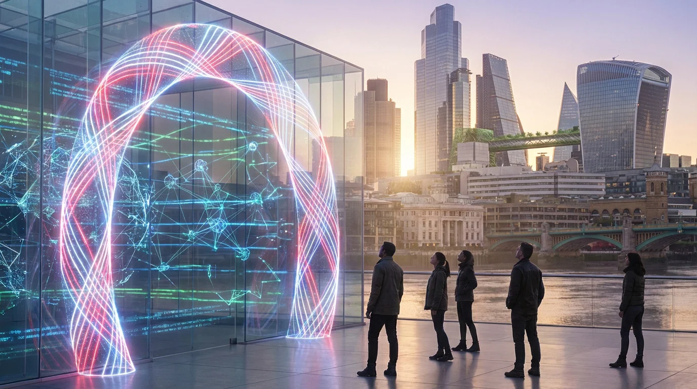 Un groupe est present devant une arche de lumiere multicolore a pieds de building à londre qui représente la protection face à l'ia