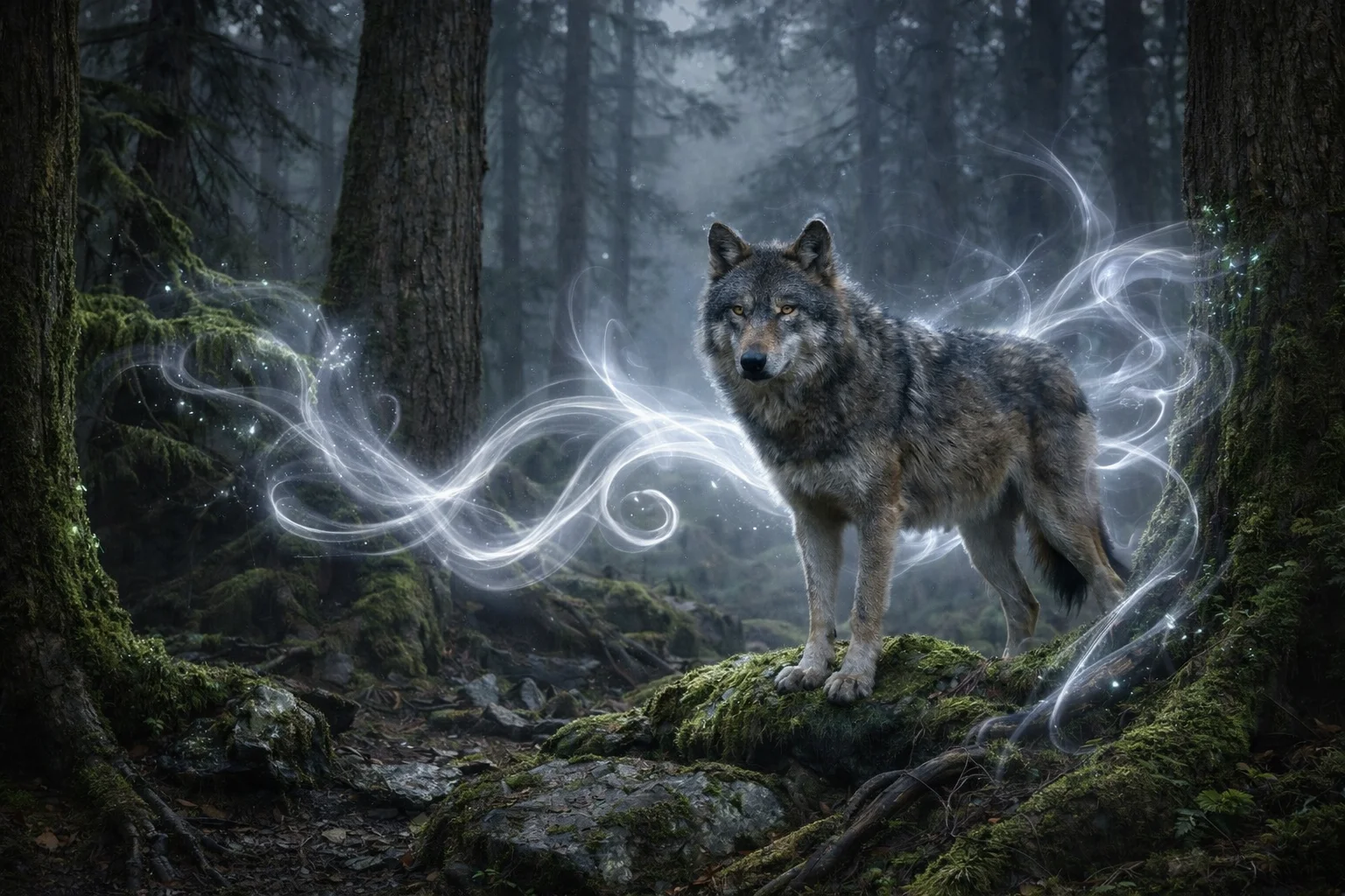 Archétype du loup entouré de volutes lumineuses et symbolisant la spiritualité dans une foret mystérieuse de l'inconscient.
