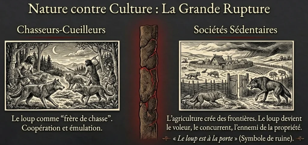 rupture de la position du loup, à gauche chasseurs cueilleurs en compagnie des loups, à droite le loup devient le mangeur de troupeau pour les sociétes sédentaires.