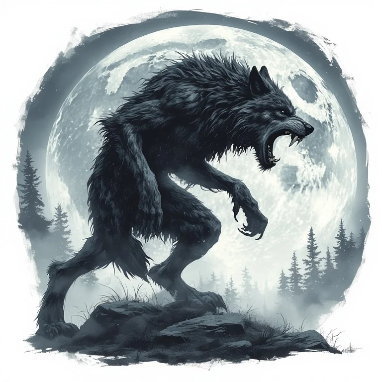 archétype du loup sous la forme de lycantropie. Un loup garou ouvre sa machoire et montre ses crocs. il se tient debout entre homme et bête avec des longues griffes. Il est terrifiant. derriere lui une pleine lune et une foret prennent tout l'arriere plan.