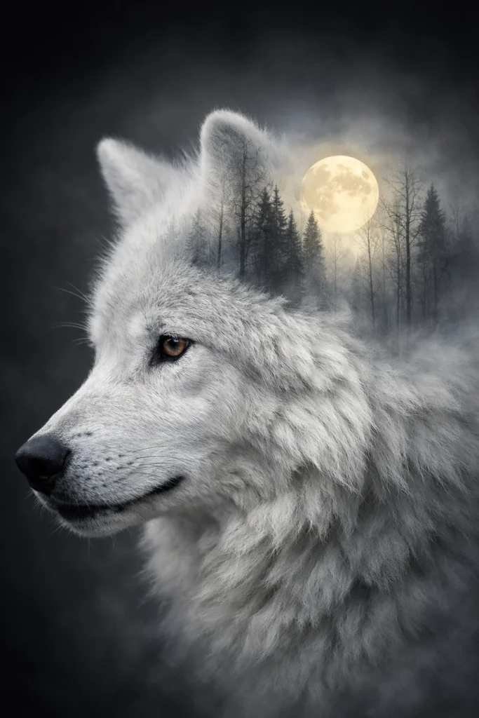 tete de loup blanc de profil avec en haut de sa tête en transparence une foret de sapin dans une ambiance d'hiver avec la pleine lune du loup 2026.