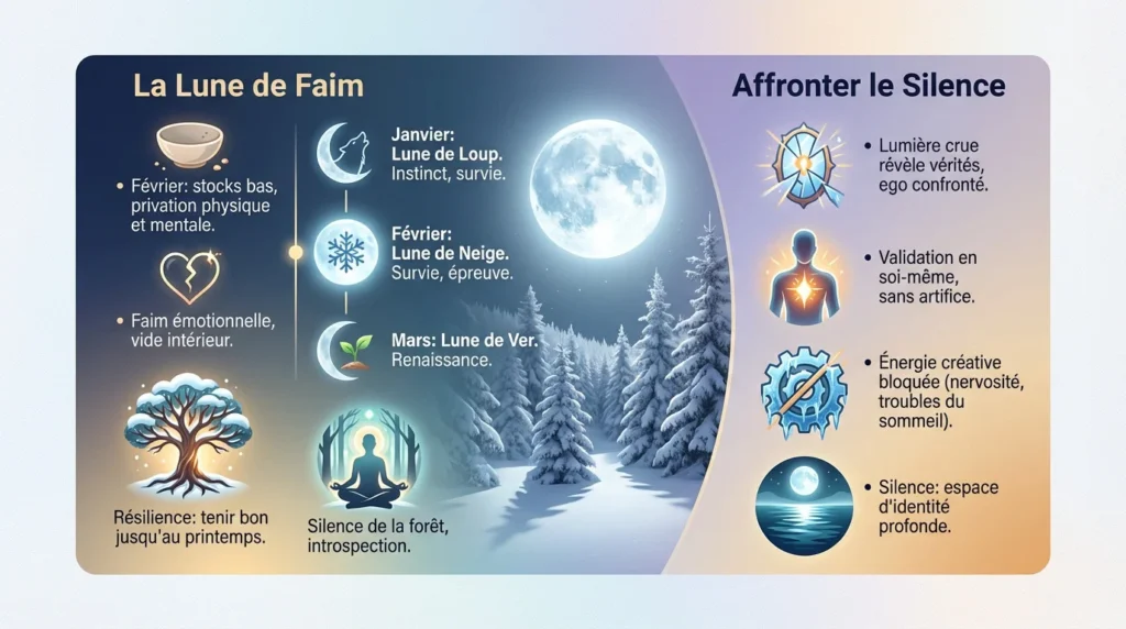 Pleine lune des neiges 2026 signification du nom de lune de faim et des imapct sur les emotions.