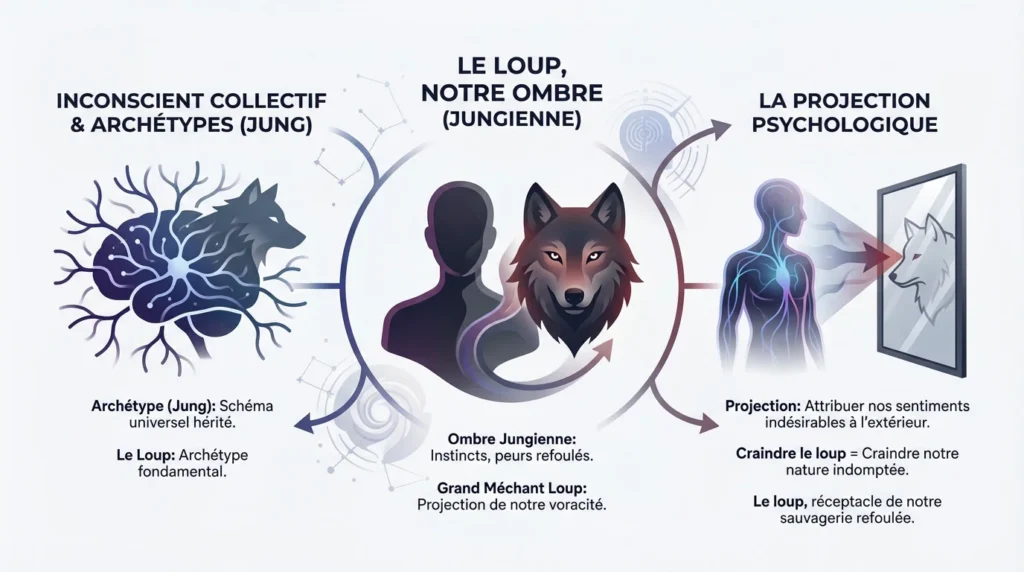 Archétype du loup expliqué par Jung avec à gauche l'inconscient collectif repésenté par un cerveau et un loup, au centre un home et un loup symbolisant notre ombre , et à droite un homme qui projette dans un miroir l'image d'un loup qui représente ses propres peurs.