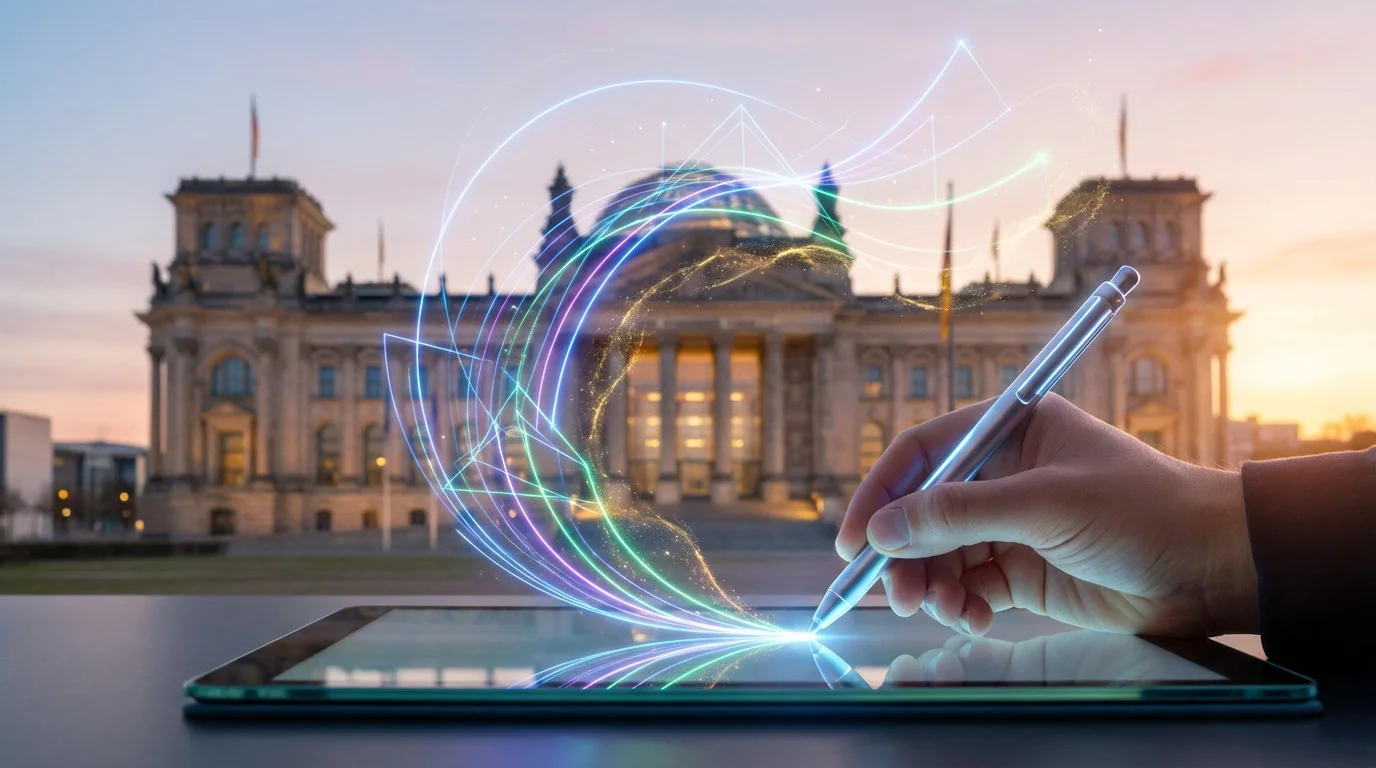 Batiment administratif europeen en fond d'écran, une main ecrit sur une tablette numérique. une volute lumineuse sur de la tablette montrant la nouvelle technologie.