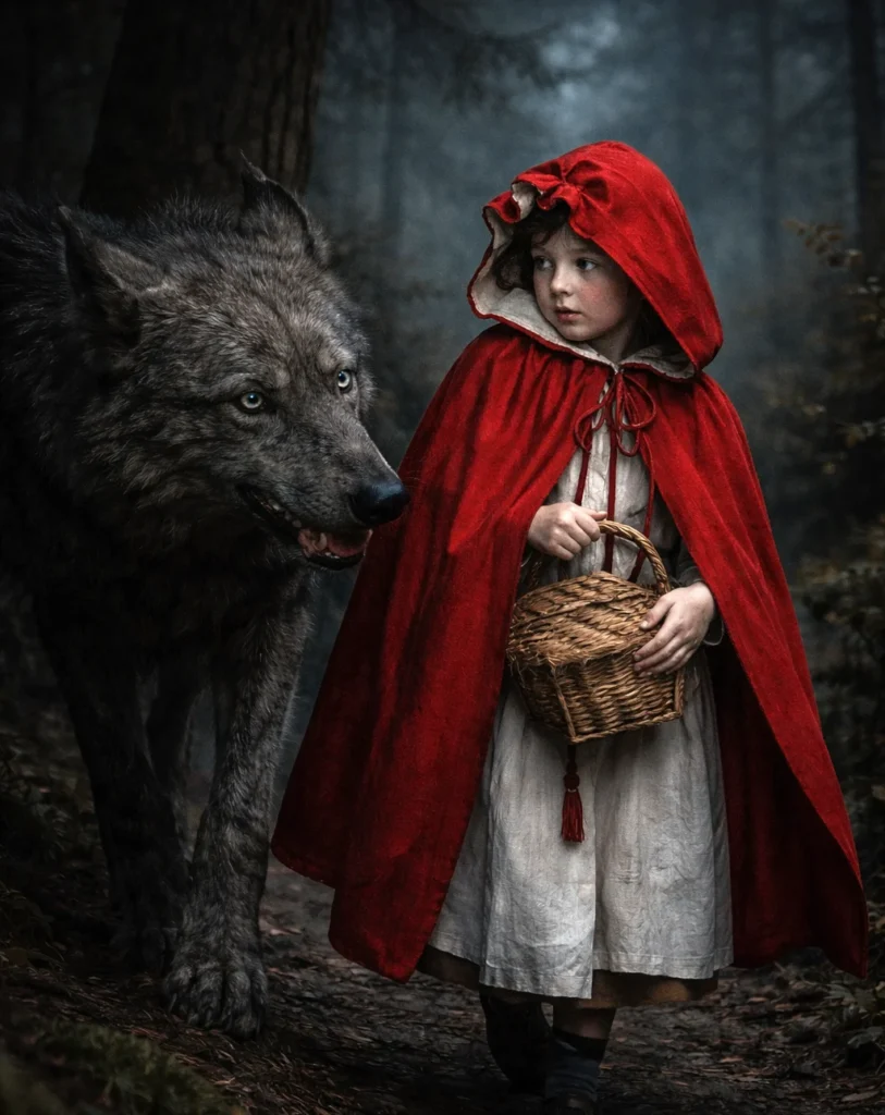 dans une foret sombre et brumeuse, le petit chaperon rouge habillé de d'une pape et portant un panier en osier. a coté se tient un enorme loup gris. la petite fille regarde le loup avec émotion entre inquitéude et fascination