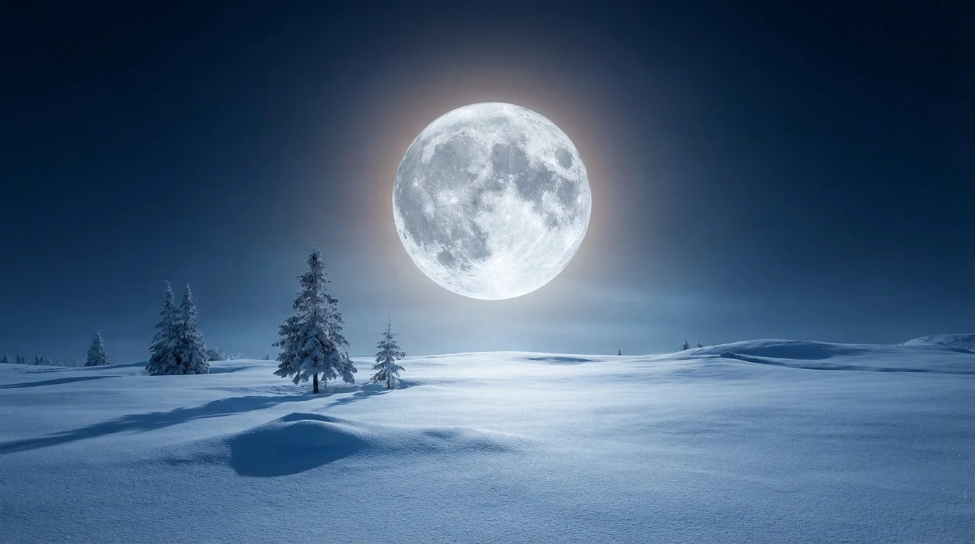 Pleine lune fevrier 2026 sur paysage de neige