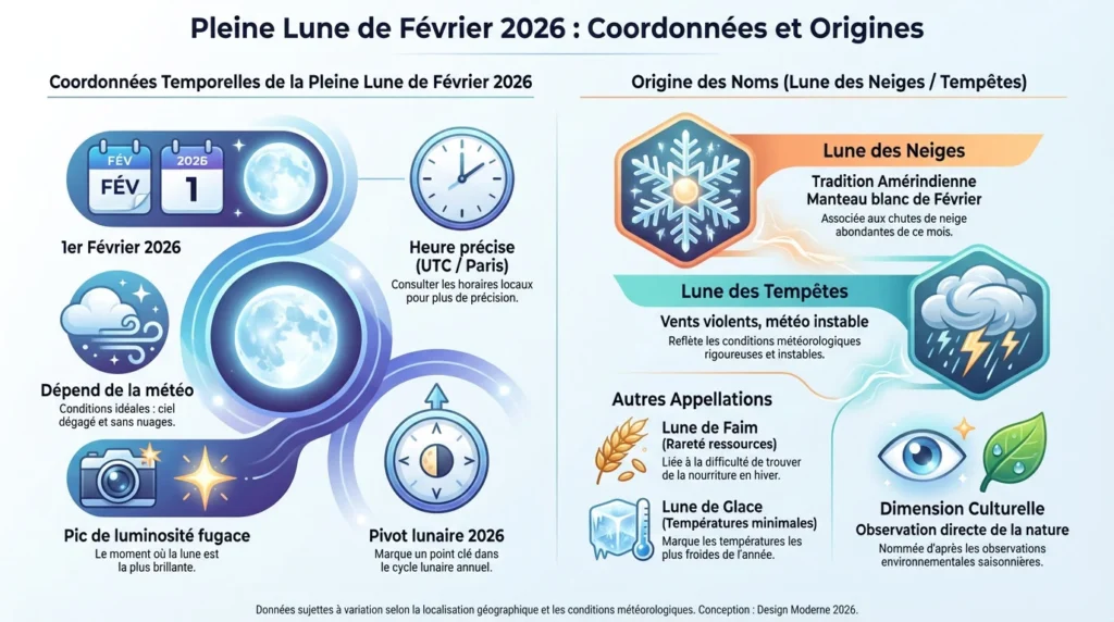 infographie position pleine lune des neiges fevrier 2026 coordonnées origines et origines du nom appélé lune de faim et de tempette.