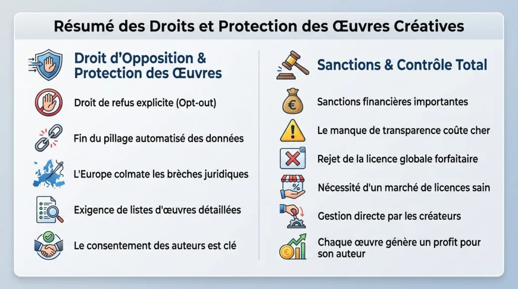 Tableau montrant les droits et protection des oeuvres créatives. à gauche le droit d'opposition et les protections des oeuvres, a droite les sanctions et controle