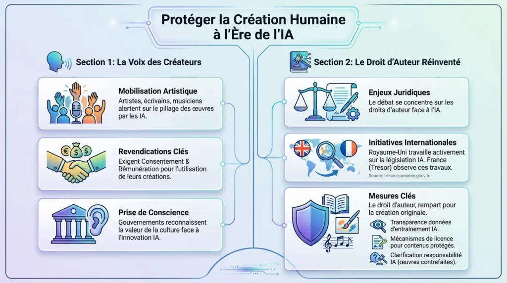 infografie qui représente le Royaume-Uni IA 2026 pour la protection de la creation. à gauche presente à gauche la voix des créateurs et leurs revendications et de l'autre la réponse juridique et les mesures législatives.