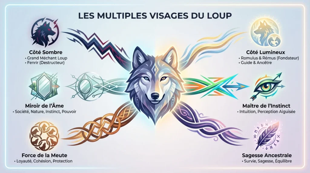 L'archétype du loup et ses symboliques représenté par une tete de loup au centre et des liens vers différentes représentations symboliques des diffétentes cultures à la fois d'ombre et de lumière, de peur et de sagesse.