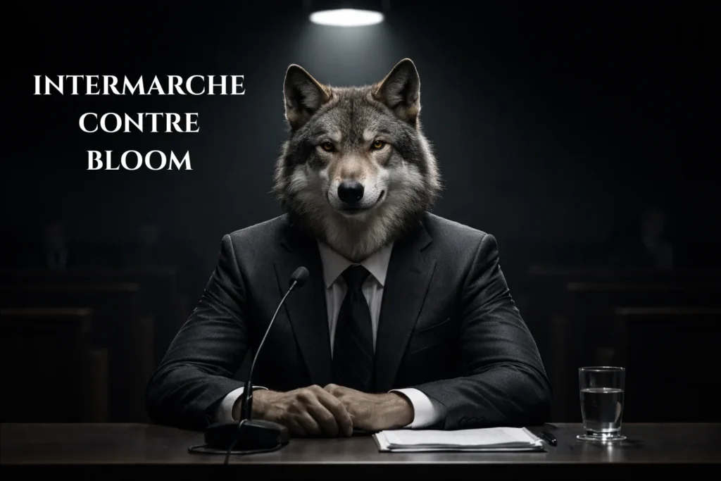 Intermarché contre Bloom, image d'un loup humanisé en costume cravate sombre dans une salle d'audition tres salennelle.