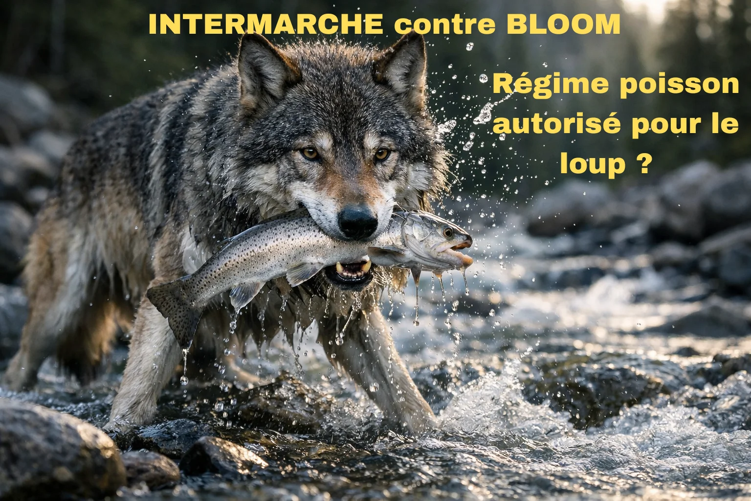 Intermarché contre Bloom: Un loup dans une rivière sauvage tient une truite qu'il vient d'attaprer dans sa gueule. une titre régime poison autorisé pour le loup? pour indiquer le débat idéologique entre l'ONG et Intermarché qui va être jugé par la JDP en mars 2026