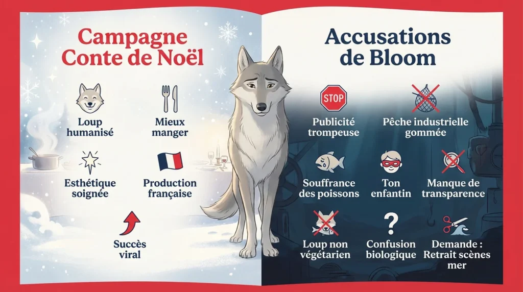Intermarché face à Bloom, infographie comparatif conte de noel versus arguments de bloom lors de la plainte de l'ONG en 2025