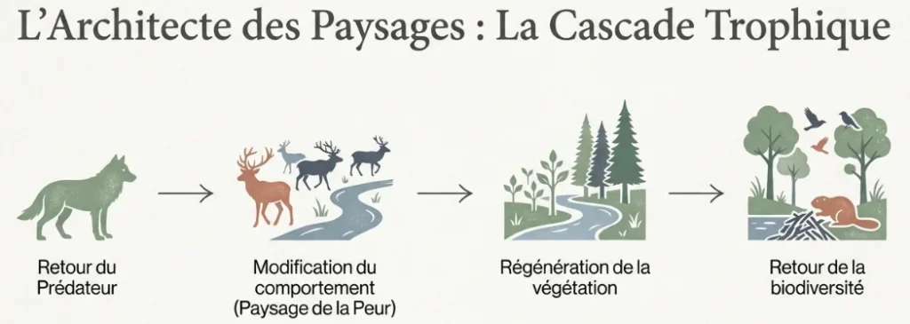 Infographie sue La cascade tropique ou l'introduction du loup modifie la chaine alimentaire, modifie le comportement des proies et regénère la végétation et permet le retour de la biodiversité