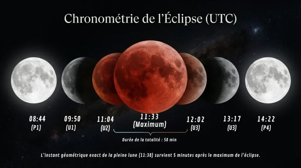 Chronométrie eclipse totale lunaire mars 2026 avec toutes les phases et horraires