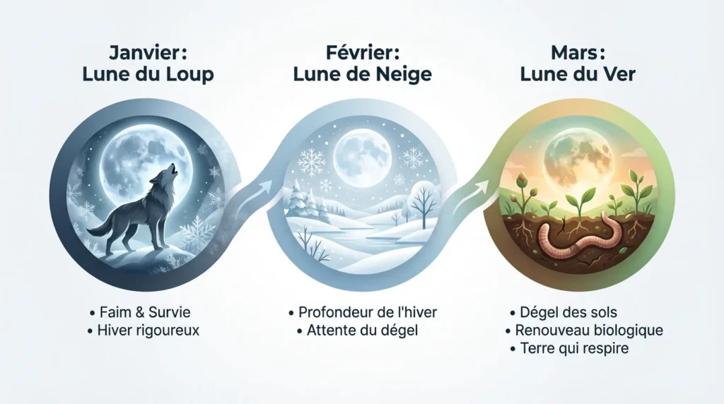 infographie de la symbolique de passage de la lune de loup à la lune de ver. de l'hiver au printemps