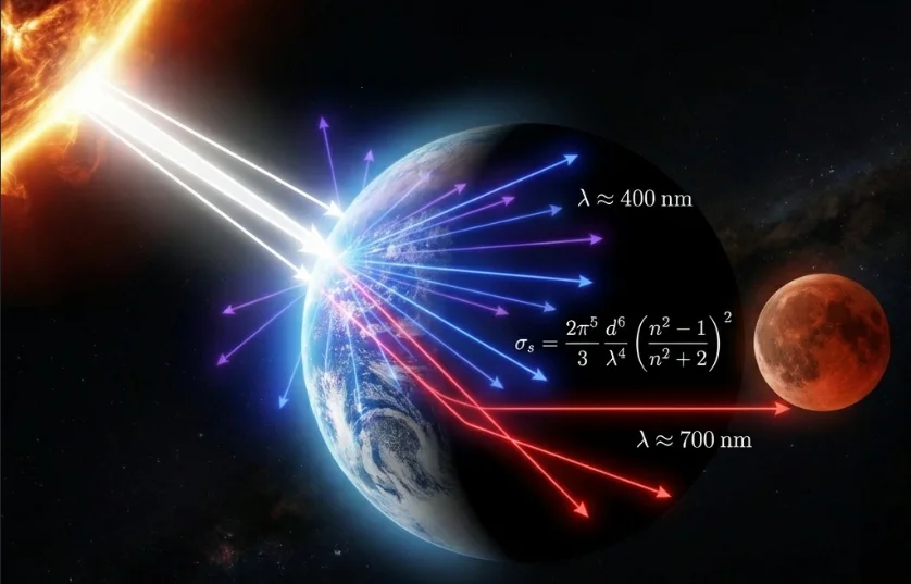 explication de la diffusion de Rayleigh lors d'un éclipse avec la formule et les rayons bleus et rouges qui se comportent de facon différente au passage de l'atmosphère