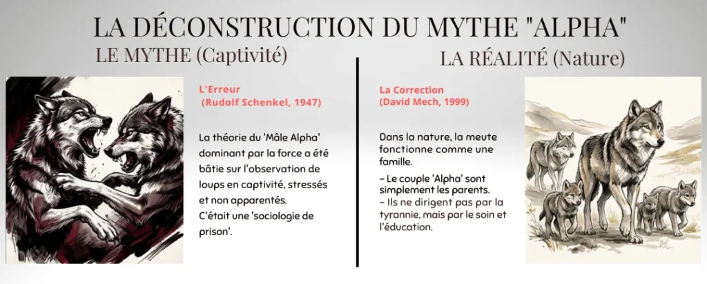 infographie montrant l'erreur du mythe du male alpha a gauche issue d'une analyse en captivité versus la réalité de la nature avec un fonctionnement en meute ou les alpha sont en fait les parents
