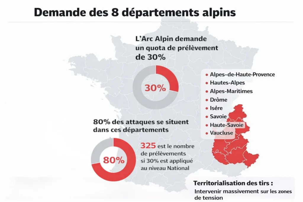 infographie sur le quota abattage loup demandé par l'arc alpin et ses 8 departements qui représente 80 des attaques de loup, demande 30% d'abattage soit 325 individus en france.