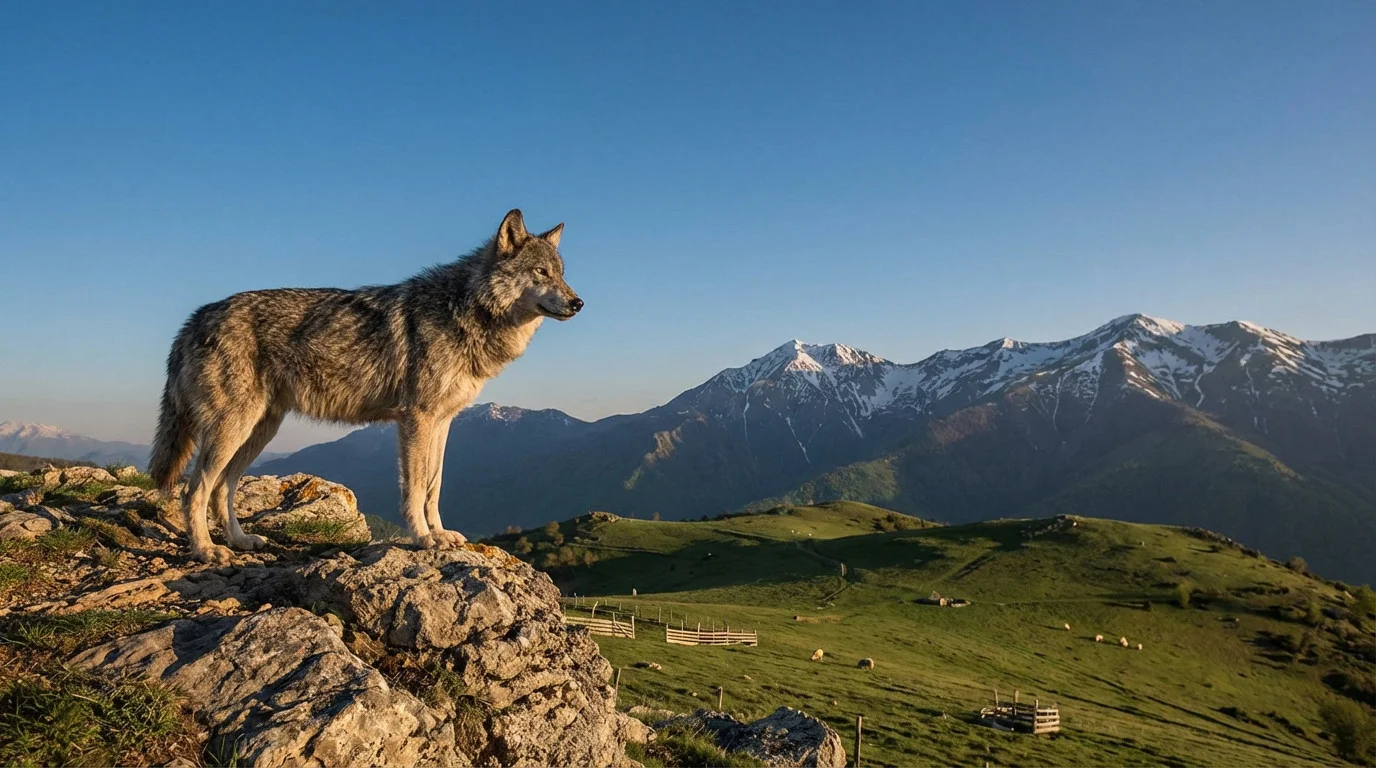 image loup sur une colline qui observe des troupeaux sur un fond de montagnes alpines