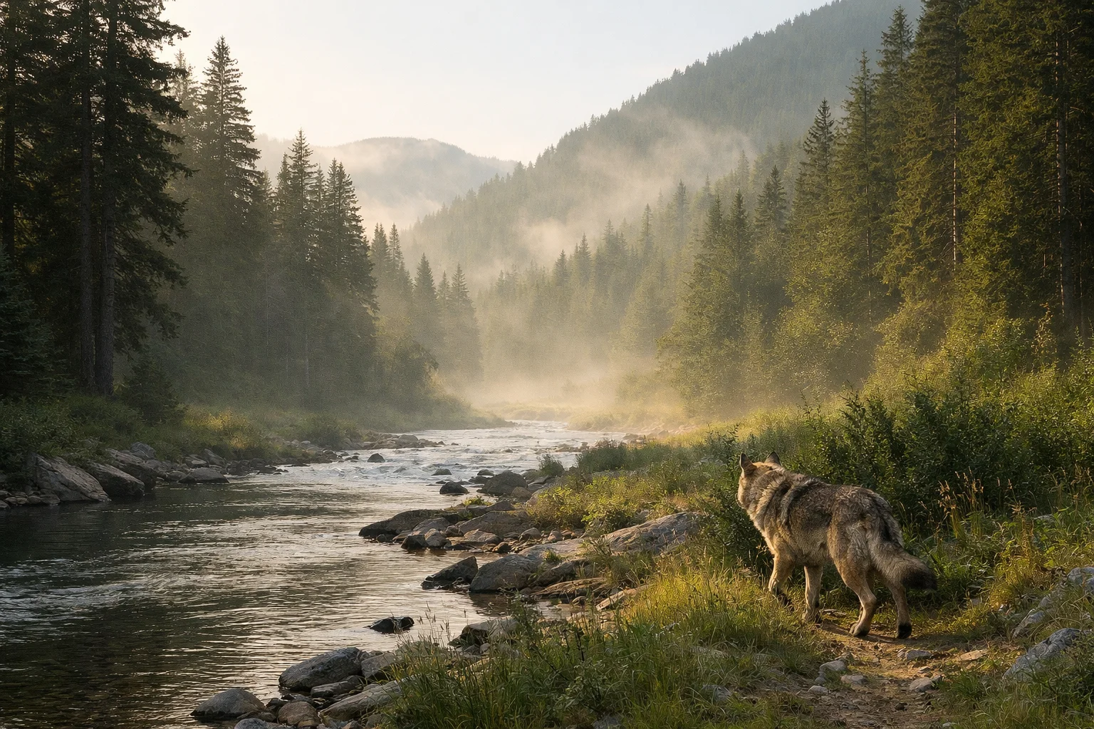 loup en france dans un paysage montagneux et de forets, sur un senatier au bord d'un cours d'eau dans la brume du matin