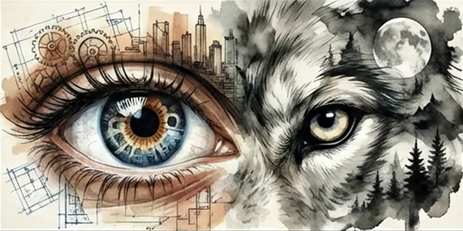 le loup en france et le conflit entre urbain et rural. image coupé en 2, a gauche un oeul humain avec des buiding techniques, et à droite un oeil de loup et un paysage de forets