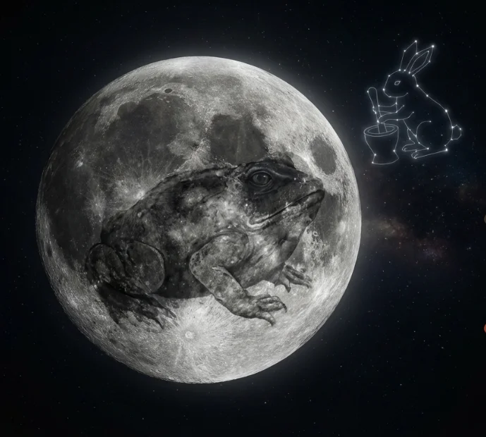 Eclipe de lune, le crapeau mangeur de lune et le lapin préparant l'élixir d'immortalité dans la mythologie asiatique