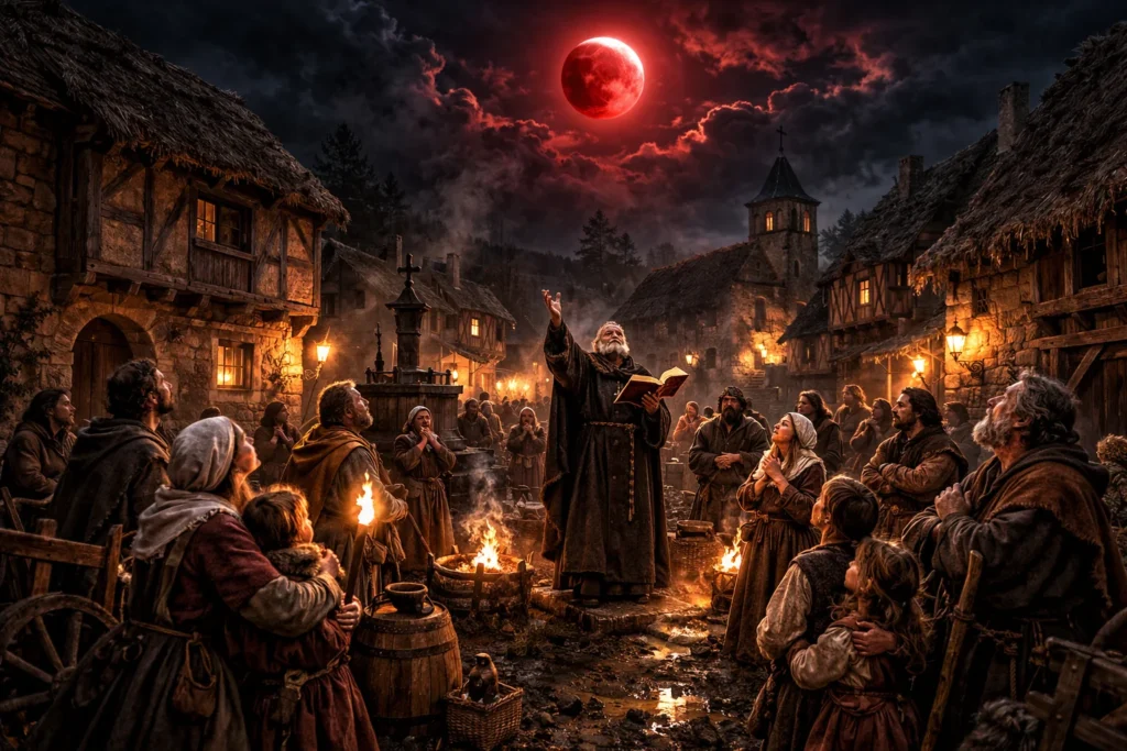 coyances judeo chretiennes de l'apocalyse pendant les eclipses totales donnant la couleur sang à la lune. Prières du prètre au milleu des croyants au moyen age.