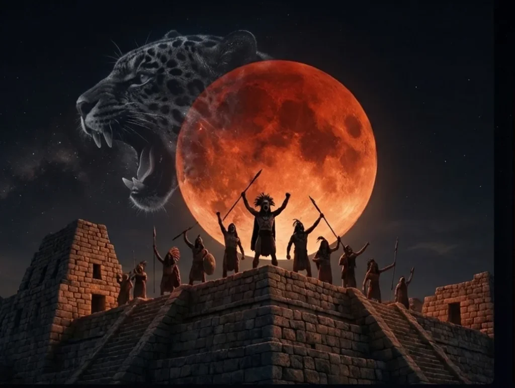 image d'une pyramide précolombienne avec des uncas criant pour faire fuire le guépard venu manger la pleine lune en lui donnant cette couleur sang.