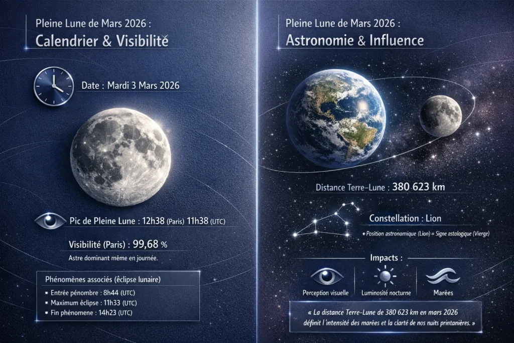 information sur la pleine lune mars 2026 avec les horaires, et les information comme la constellation du lion, la distance terre lune