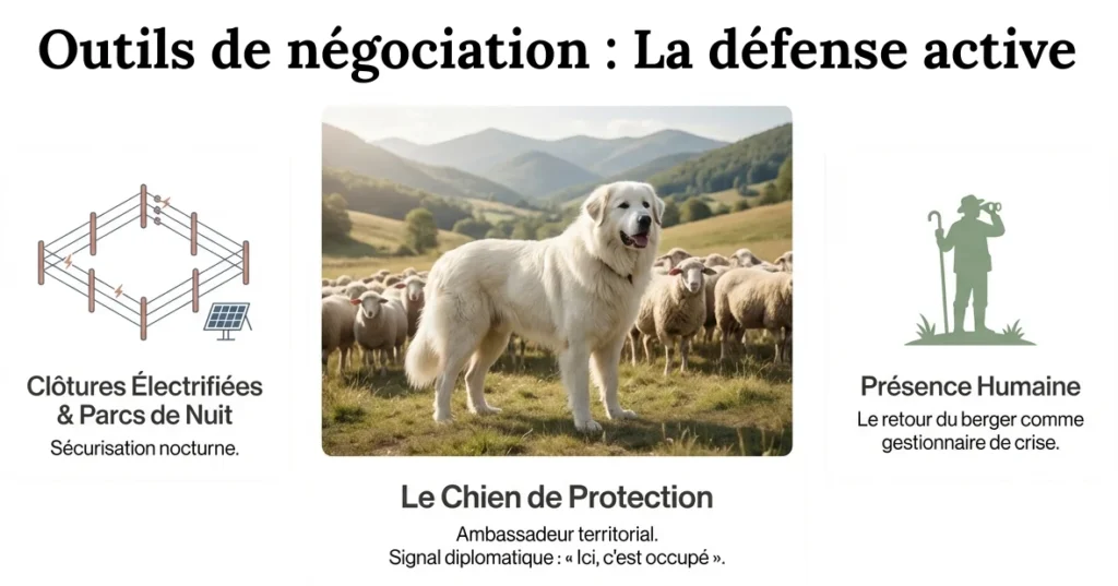 presentation des protections des troupeaux, clotures électrifiées, chiens de protection, présence humaine