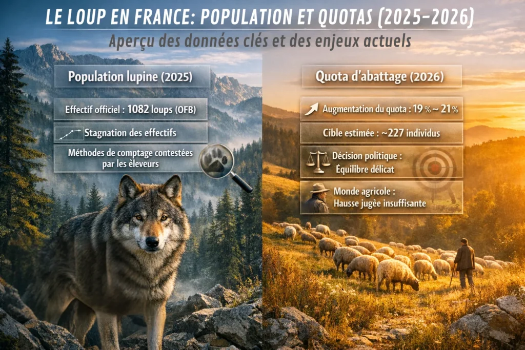 infographie situation lupine 2026 a gauche les chiffres en france pour 2025 à droite le quota abattage loup de 2026 à 21% et la cible à 227 individus